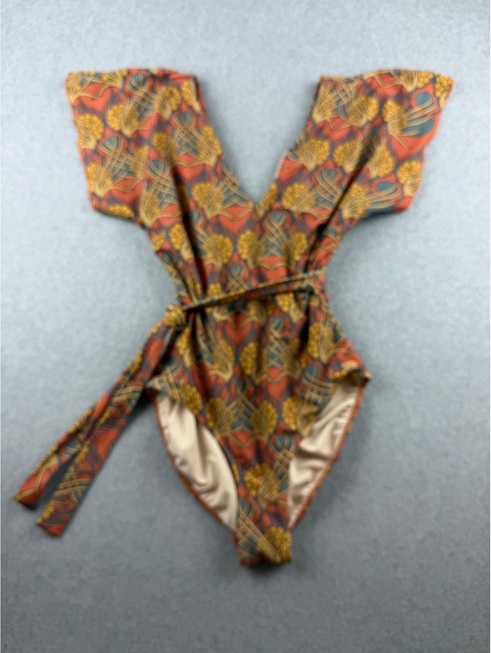 Albion Fit Golden Hour Flutter Sleeve One Piece Swimsuit L Belted Floral